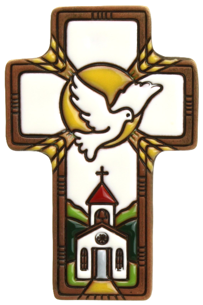 Kruisbeeld 'Duif/kerk/aren' - keramiek/wit (7x11cm)