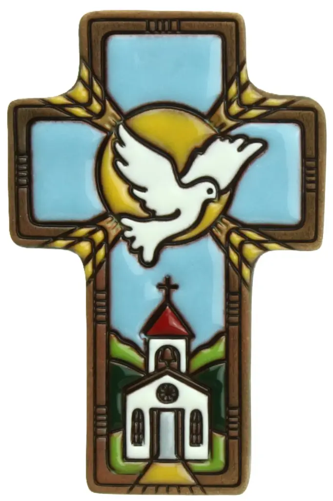 Croix ceramique 'Colombe/Epi/Eglise' - bleue (7x11cm)