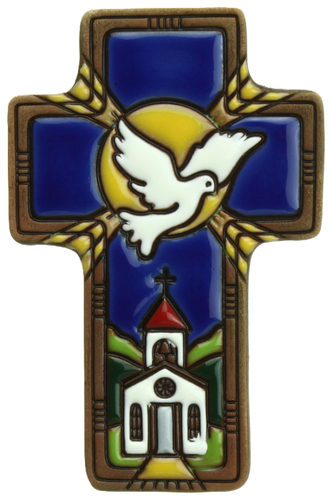 Kreuz Keramik 'Taube/Aren/Kirche' - Blau (7x11cm)