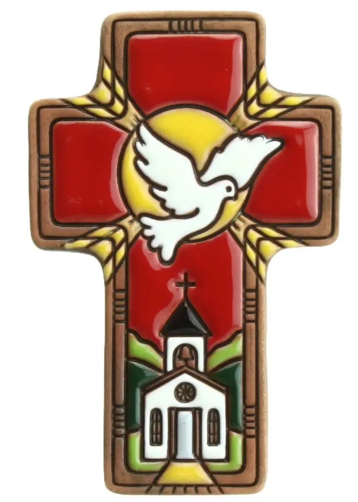 Croix ceramique 'Colombe/Epi/Eglise' - rouge (7x11cm)