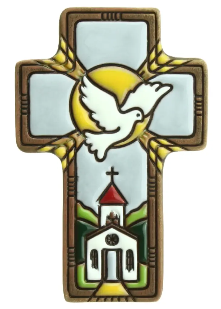 Croix ceramique 'Colombe/Epi/Eglise' - gris (7x11cm)