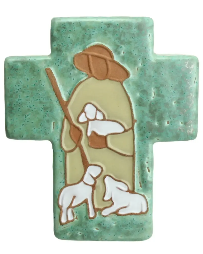 Croix céramique - Bon berger - vert jade (90x110mm)