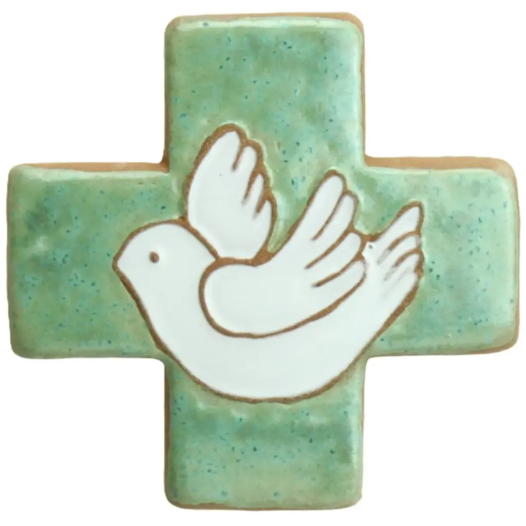 Croix céramique - Colombe - vert jade  (75x75mm)