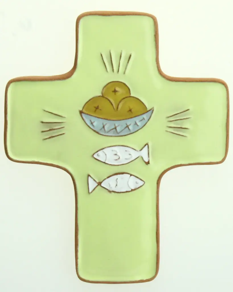 Keramik Kreuz - Brot & Fisch - Hellgrün (95x120mm)