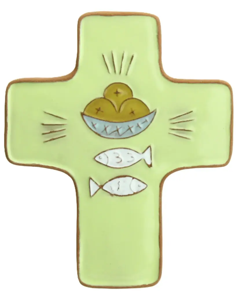 Kruisbeeld keramiek - Brood & vissen - licht groen (95x120mm)