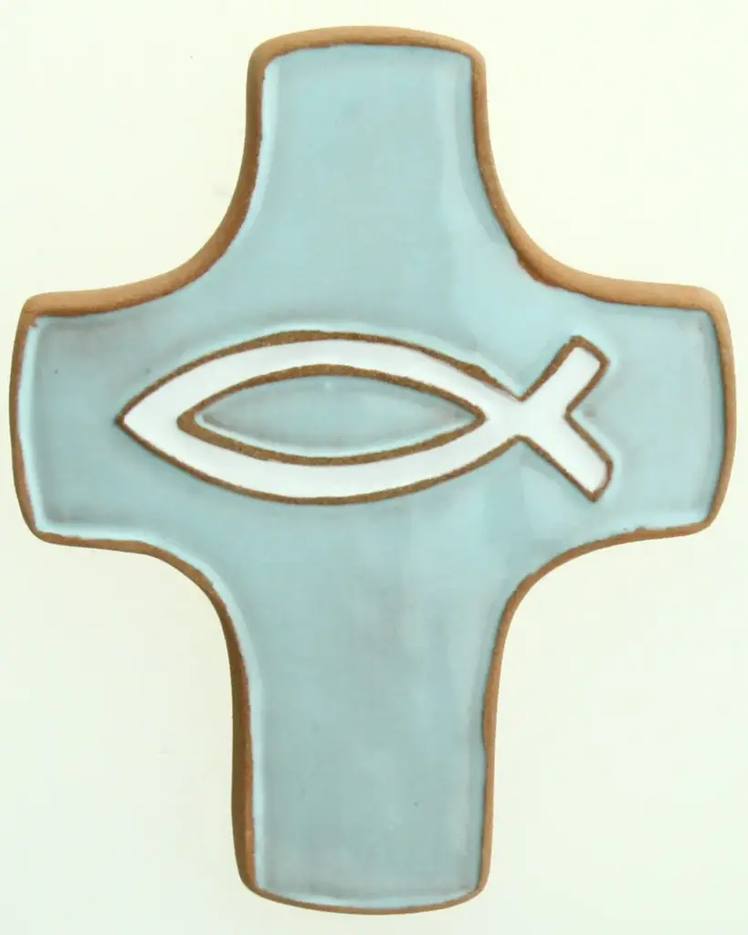 Croix  céramique - Ichtus - bleu claire/blanche (75x90mm)