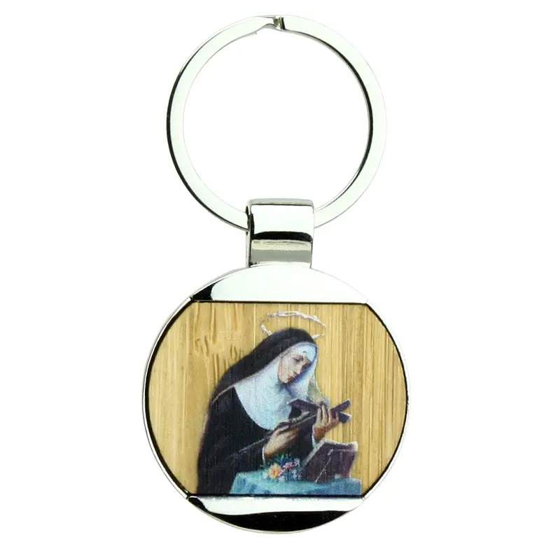 Porte-clef Ste Rita - ronde/métal/bambu (Ø40/75mm)