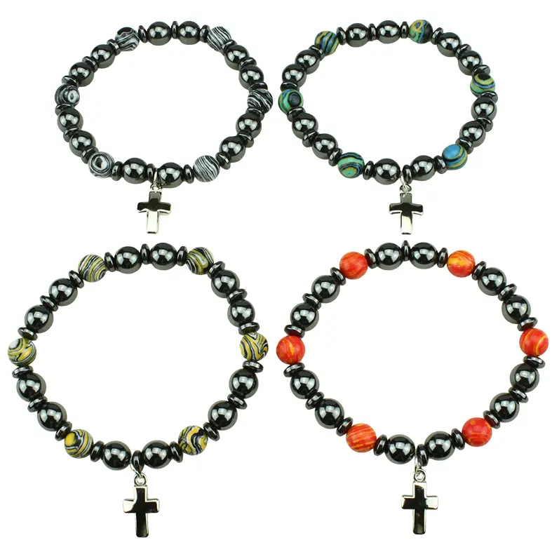 Armband - elastisch/Hematite + gekleurde parel/assorti