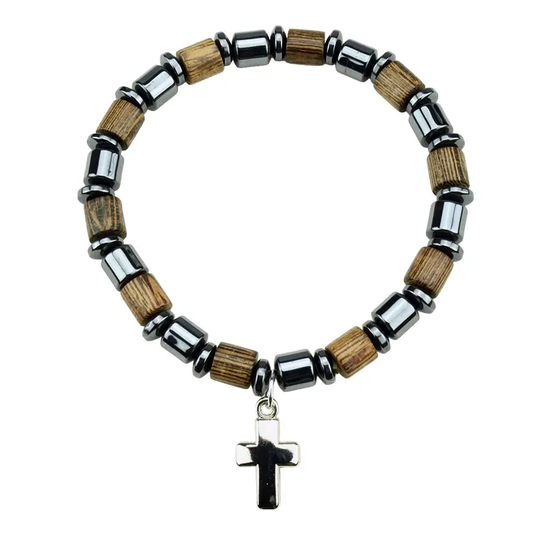 Bracelet - élastique/bois + perle ématite