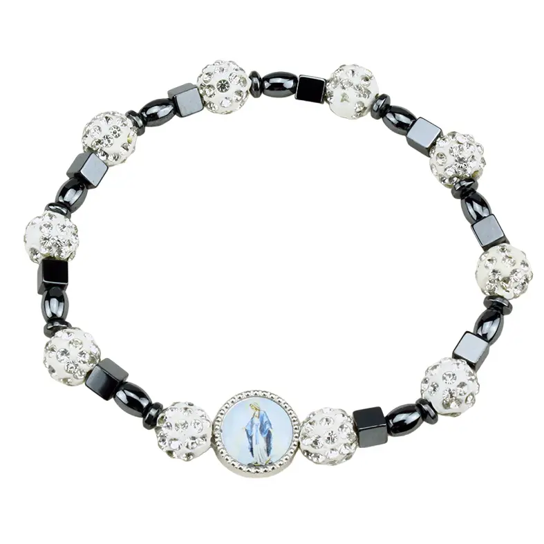 Armband/elastisch - parel bewerkt + hematite blokje - Wonderbare