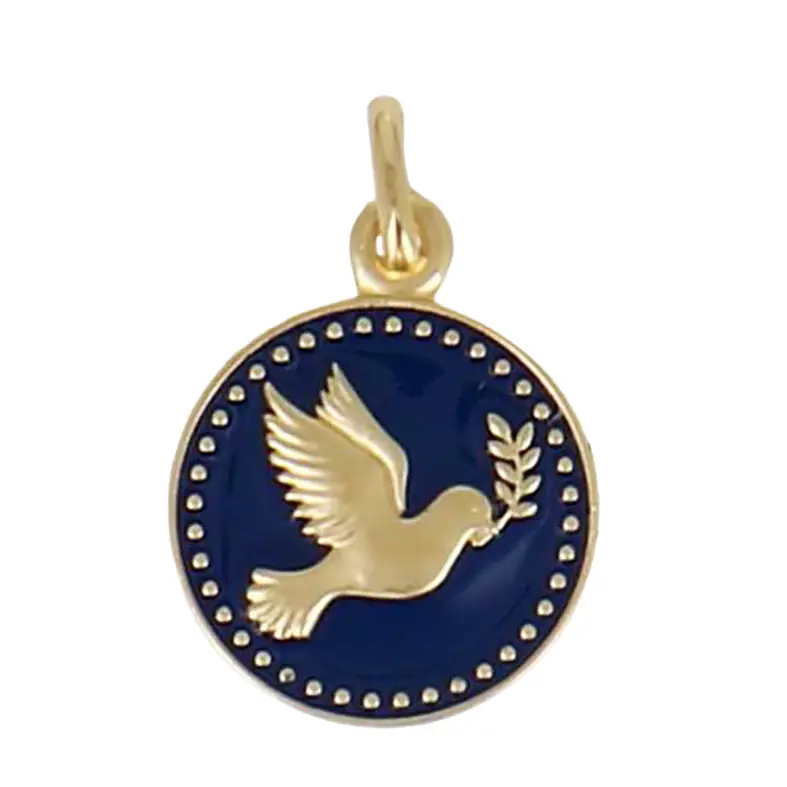 Medaille Duif/Twijg - messing 3μm verguld blauw email (Ø18mm)