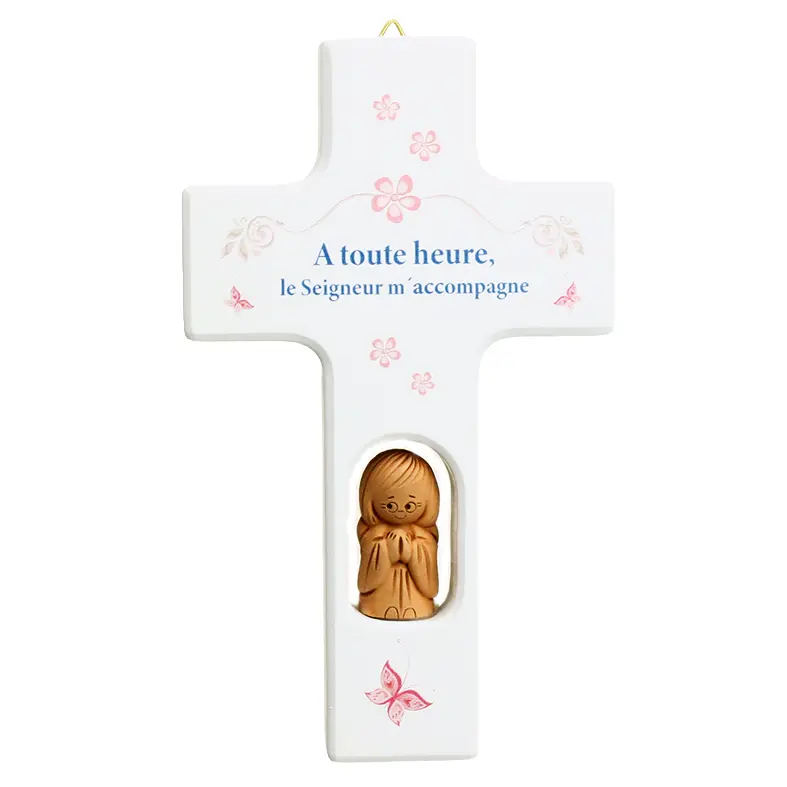 Croix bois/ange  'A toute heure...' - blanche (90x150mm)