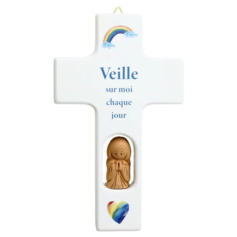 Holzkreuz/Engel - 'Veille sur moi ...' - weiss (90x150mm)