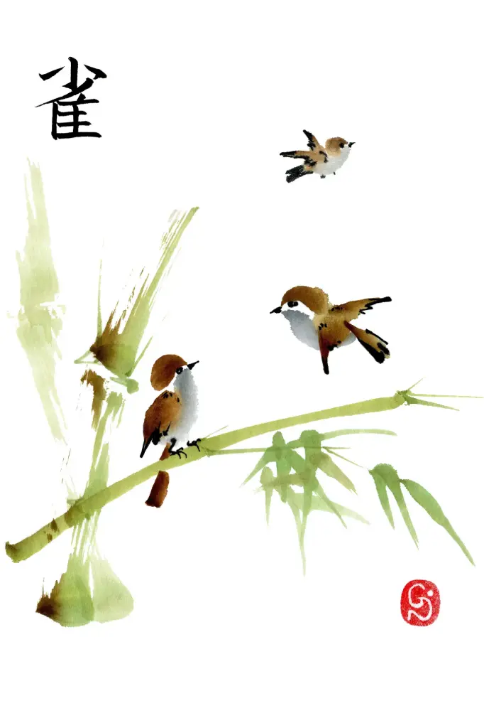 Carte double série 'Japonaise' - Moineaux 014 - 10x15cm + envel.