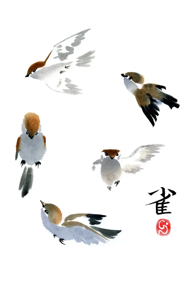 Carte double série 'Japonaise' - Moineaux 040 - 10x15cm + envel.