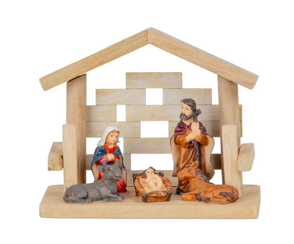 Stal met H.Familie - poly-resine - gekleurd (12x14,5cm)