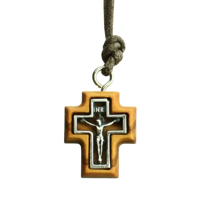 Kreuz mit Kordel - Metall Kreuz drinnen - Olivenholz (20x24mm)