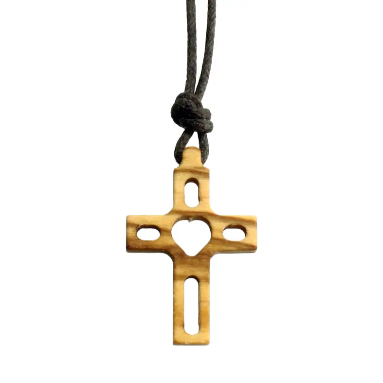 Cross with cord - Big Heart - olive wood (20x30mm)
