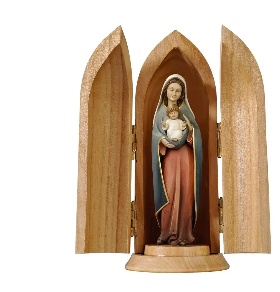 Niche + Vierge et enfant - bois sculpt/couleur - 10cm/14cm