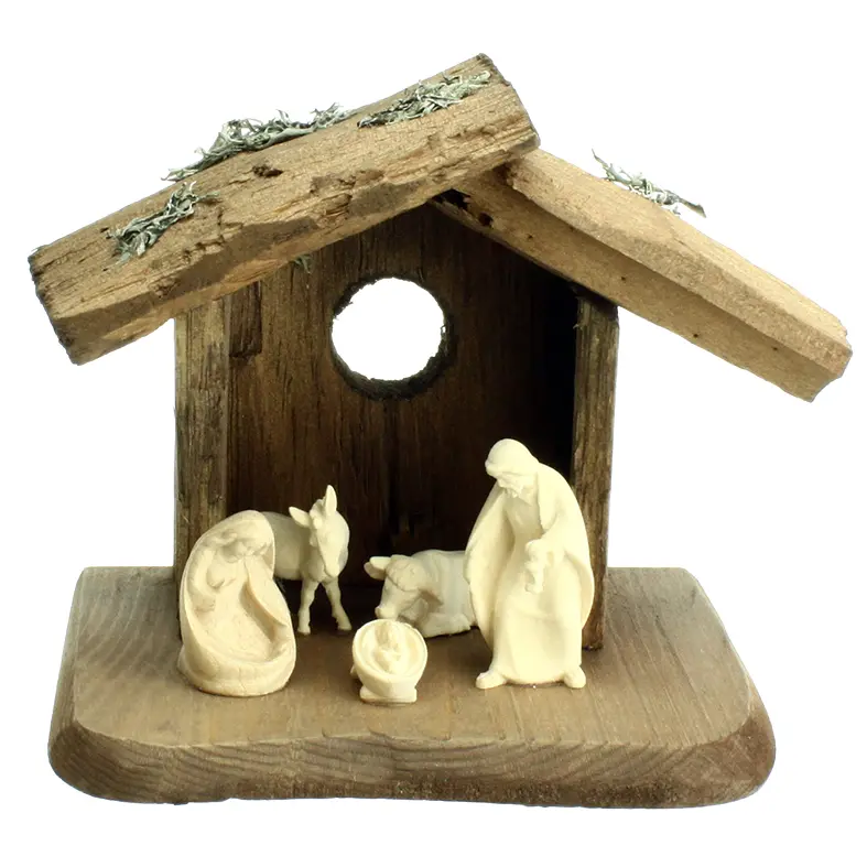 Stal met H.Familie/os/ezel - H 6cm/hout/natuur (160x145x115mm)