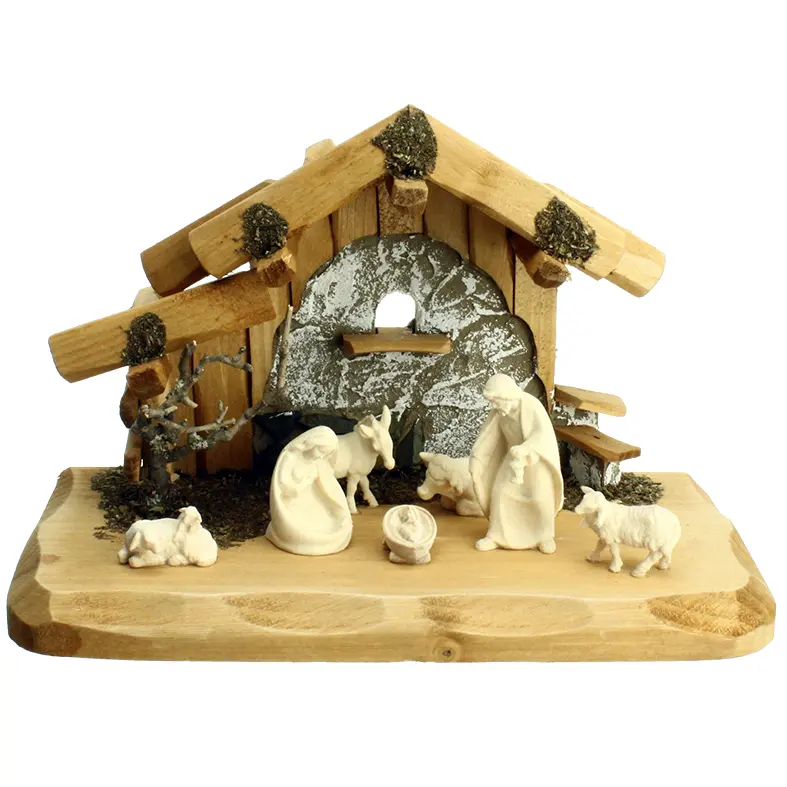 Stal mit Hl.Familie,Ochs, Esel und 2 Schafe - 6cm/Holz/Natur (240x130x160mm)