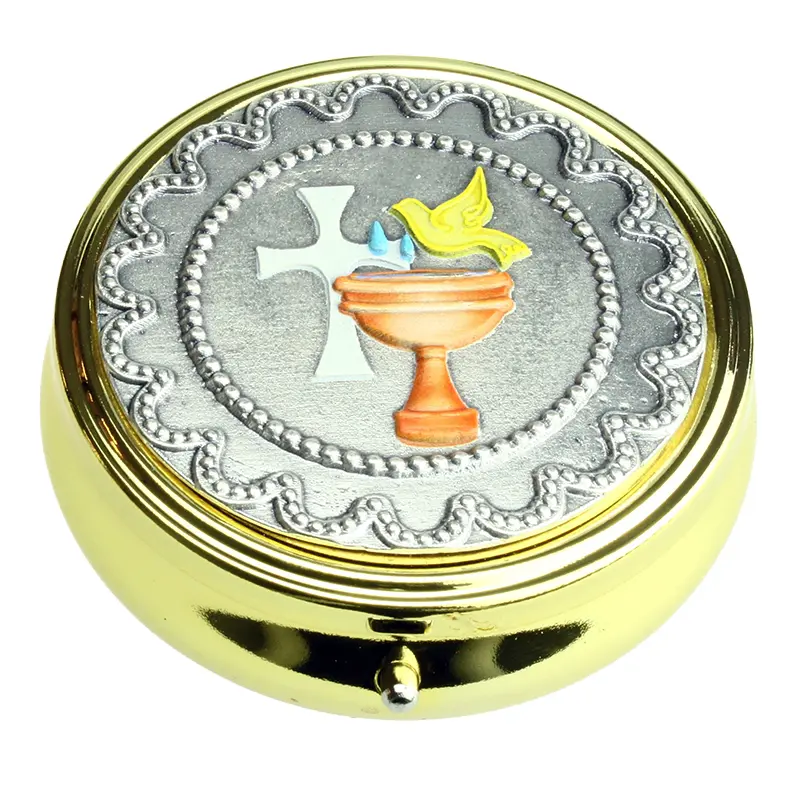 Hostiedoosje 'Duif-Kruis-doopvont'/gekleurd - D 40mm
