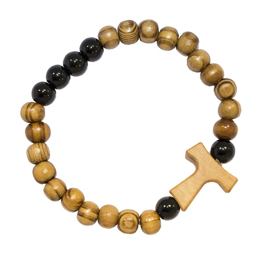 [ARM-35OL806] Armband Tau - imitatie olijfhout/zwarte glasparels - elastiek (8x6mm)