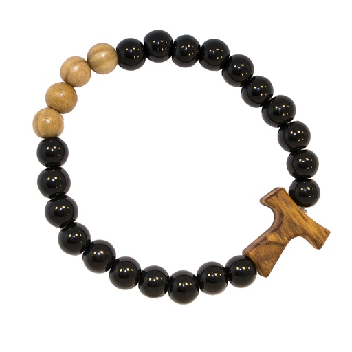 [ARM-35OL806ZW] Armband Tau - zwarte glasparels/olijfhout - elastiek (Ø8mm)
