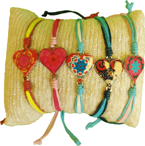 [ARM-85COE01] Armband op gekl. koord/Hartje geëmailleerd - assortiment (16x16mm)