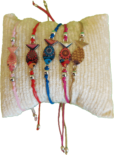 [ARM-85ICT01] Armband op gekl. koord/ichtus geëmailleerd - assortiment (17x10mm)