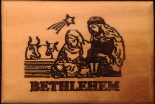 [ATM-90KGR34] Magnète en bois d'olivier - Nativité (70x50mm)