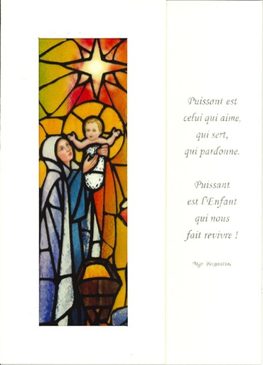 [CRT-18VIT4] Kerstkaart/vitro-dubbel - OLV met kind + Tekst FR - cello+omslag (110x150mm)