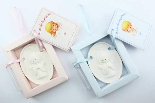 [ENG-01EB159] Taufengel weiss - Fransösischem Tekst - blau/rosa sortiert