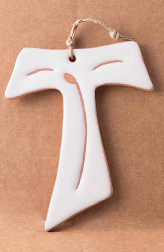 [GIR-82CC6] CROIX EN CERAMIQUE ARTISANALE BLANCHE TAU 10CM