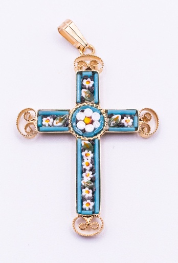 [GIR-82MOC 3] MOSAIQUE BIZANTINE PENDENTIF CROIX BLEU CLAIRE 4*2,5 CM AVEC BOITE