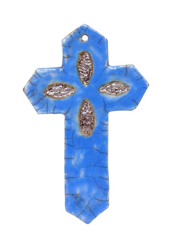 [GIR-82RAC 1] CROIX CERAMIQUE RAKU BLEU CLAIR 14*9 CM