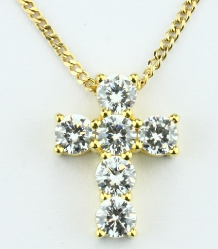 [HKP-49M05] Croix + chaine 42cm/strass blanche - Ag 925‰ Plaqué Or 3μm (10x13mm)