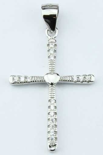 [HKZ-49M24] Croix coeur/pierre zircone blanche -Argent 925‰ rhodié (17x22mm)