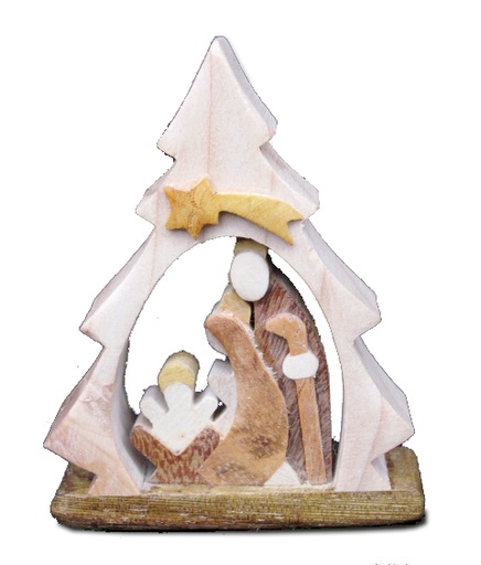 [KGR-07DN09] Houten kerstboom met H. Familie - 7,5cm/gebeitst