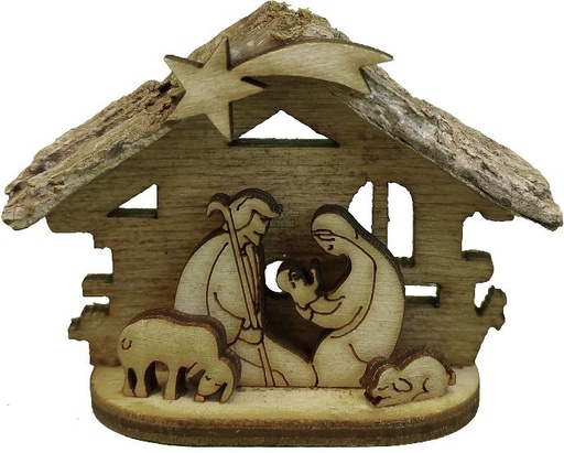 [KGR-07MS0205] Houten stalletje met H. Familie - 5cm/staand+magneet - assort