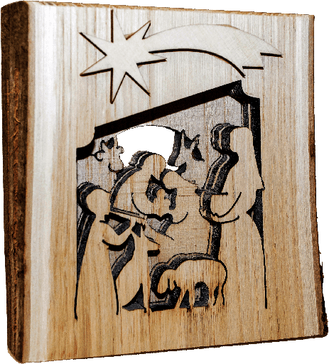 [KGR-07REL361] Plaque relief en bois crèche/comète - 11x10cm