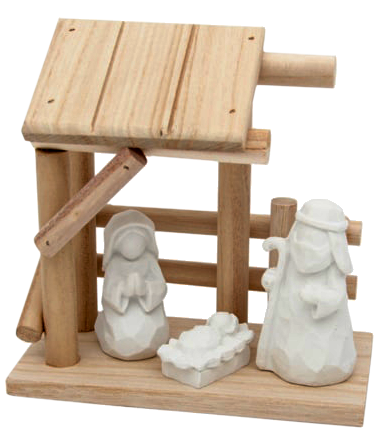 [KGR-92NAT939WT] Cabane avec Ste Famille (3 pièces) - résine blanche - H 16cm