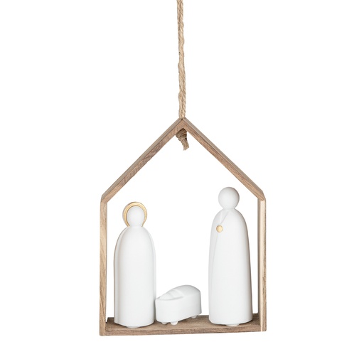 [KGR-95FAM460] Cabane en bois acacia avec Ste Famille en porcelaine doré - 11x14cm