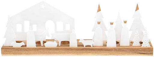 [KGR-95NAT041] Houten theelichthouder met 16-delige Kerstgoep in porcelein 16cm -dia 30cm