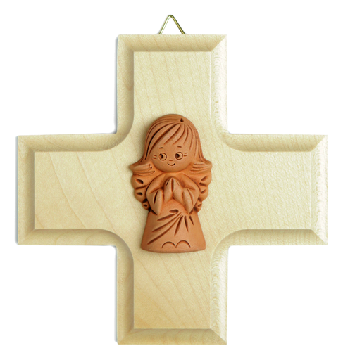 [MKR-01ENG8990] Kruisbeeld hout/terra-cotta engel (100x100mm)