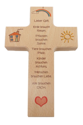 [MKR-01TDT004K] Kinderkruis 4 symbolen 'Lieber Gott' - hout (90x150mm)