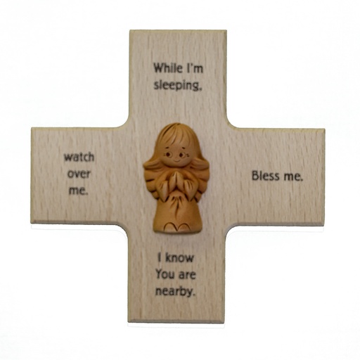 [MKR-01TEN100E] Croix avec ange en terre cuite 'While I'm sleeping' - bois (120x120mm)