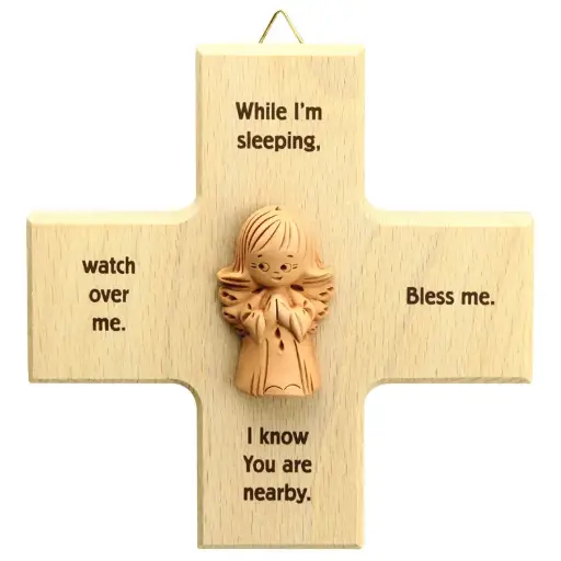 [MKR-01TEN100E] Kinderkruis terra-cotta engel 'While I'm sleeping' - hout (120x120mm)