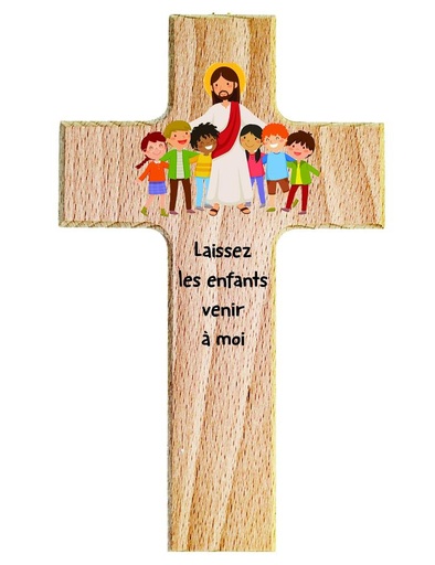 [MKR-01TFR015K] Holzkreuz - Buche natur - Laissez les enfants (90x150mm)