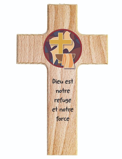 [MKR-01TFR017K] Croix enfant bois - 'Dieu est notre refuge' (90x150mm)